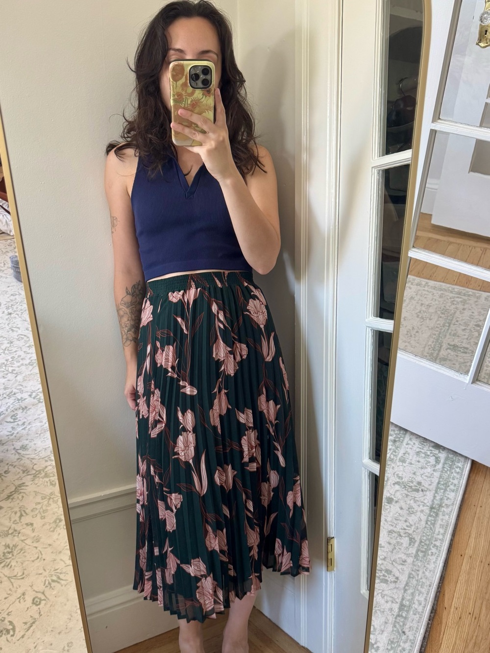 a new day Dark Green Pleated Midi Skirt with Pink Floral Print